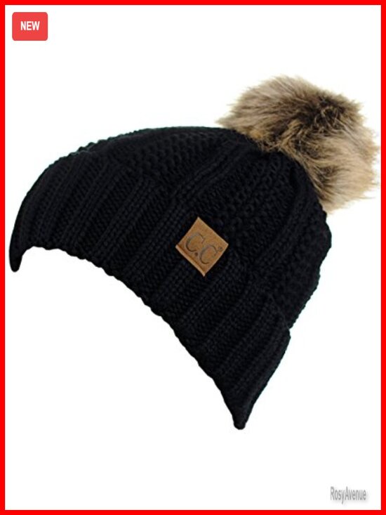 Thick Cable Knit Faux Fur Pom Fleece Lined Cuff Beanie main image 4